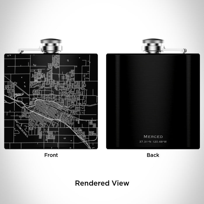 Rendered View of Merced California Map Engraving on 6oz Stainless Steel Flask in Black