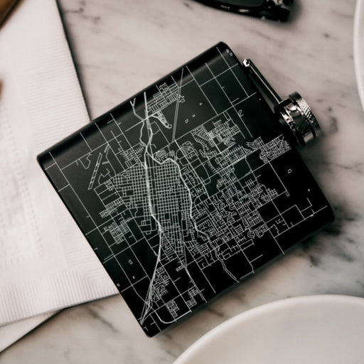 Merced California Custom Engraved City Map Inscription Coordinates on 6oz Stainless Steel Flask in Black