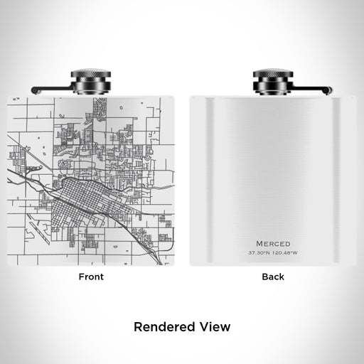 Rendered View of Merced California Map Engraving on 6oz Stainless Steel Flask in White