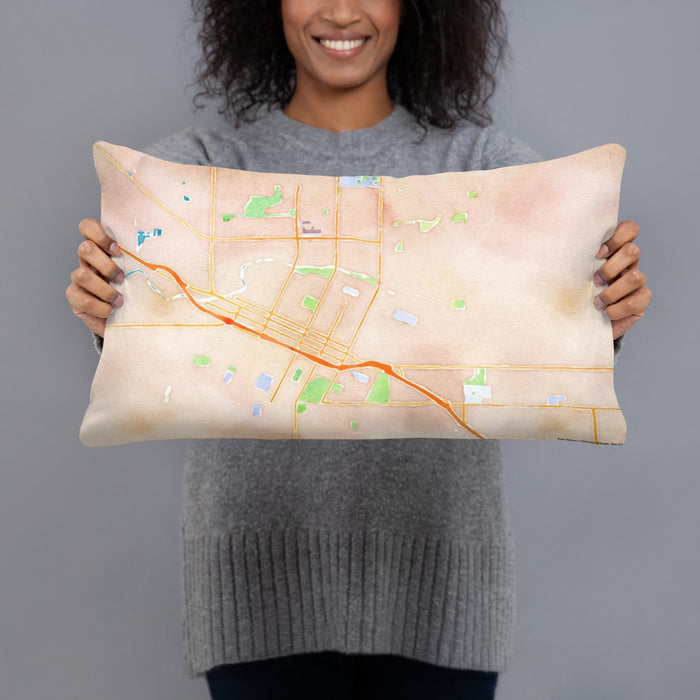 Person holding 20x12 Custom Merced California Map Throw Pillow in Watercolor