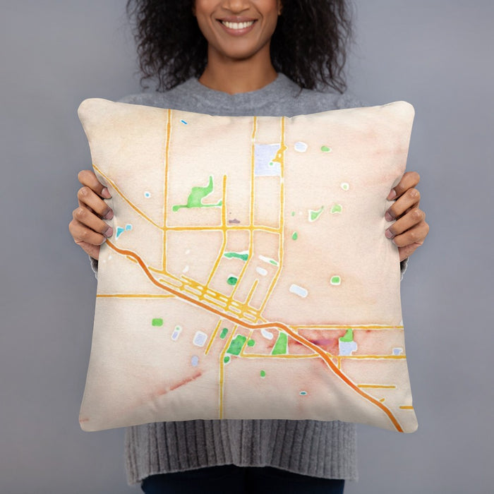 Person holding 18x18 Custom Merced California Map Throw Pillow in Watercolor