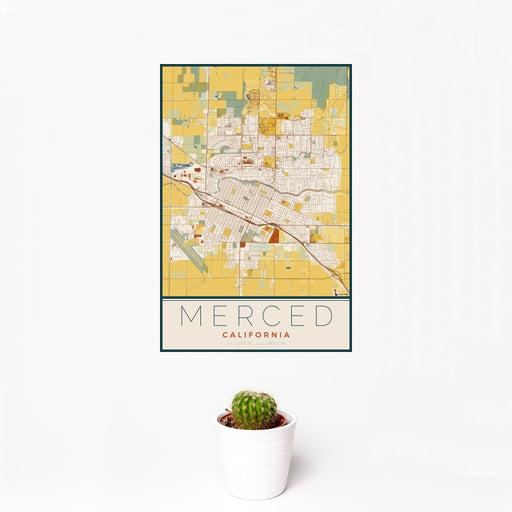 12x18 Merced California Map Print Portrait Orientation in Woodblock Style With Small Cactus Plant in White Planter