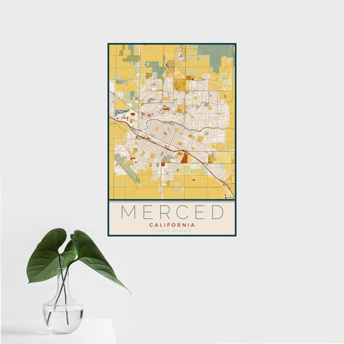16x24 Merced California Map Print Portrait Orientation in Woodblock Style With Tropical Plant Leaves in Water