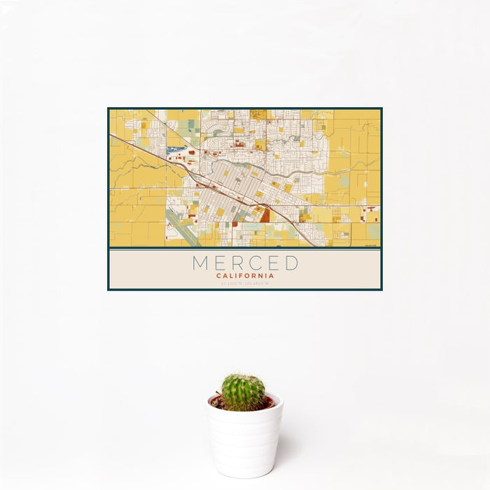 12x18 Merced California Map Print Landscape Orientation in Woodblock Style With Small Cactus Plant in White Planter