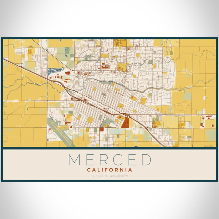 Merced California Map Print Landscape Orientation in Woodblock Style With Shaded Background