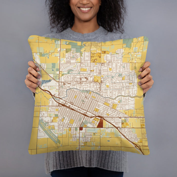 Person holding 18x18 Custom Merced California Map Throw Pillow in Woodblock
