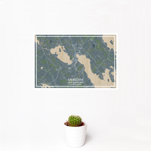 12x18 Meredith New Hampshire Map Print Landscape Orientation in Afternoon Style With Small Cactus Plant in White Planter