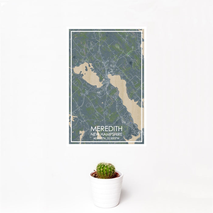 12x18 Meredith New Hampshire Map Print Portrait Orientation in Afternoon Style With Small Cactus Plant in White Planter