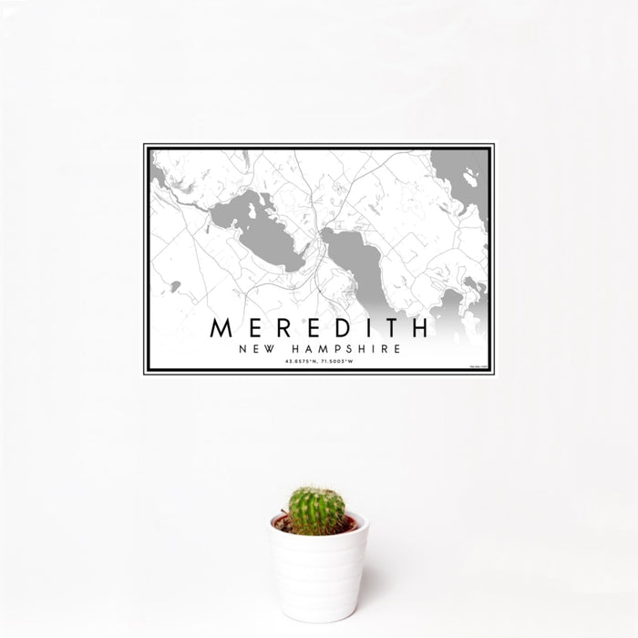 12x18 Meredith New Hampshire Map Print Landscape Orientation in Classic Style With Small Cactus Plant in White Planter