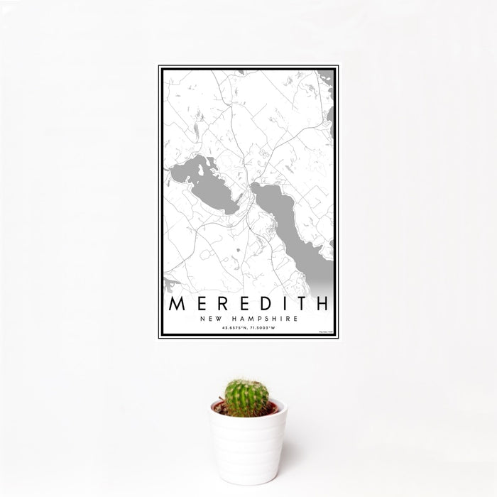 12x18 Meredith New Hampshire Map Print Portrait Orientation in Classic Style With Small Cactus Plant in White Planter