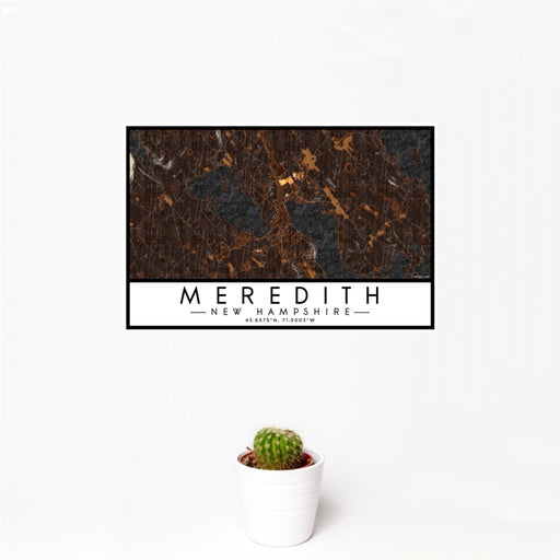 12x18 Meredith New Hampshire Map Print Landscape Orientation in Ember Style With Small Cactus Plant in White Planter