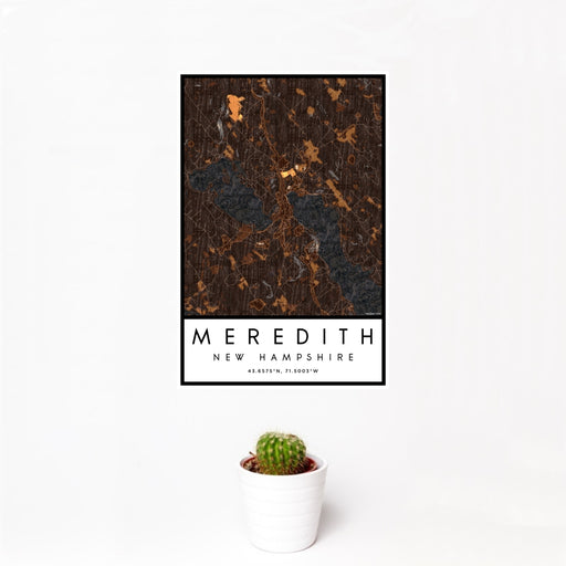 12x18 Meredith New Hampshire Map Print Portrait Orientation in Ember Style With Small Cactus Plant in White Planter