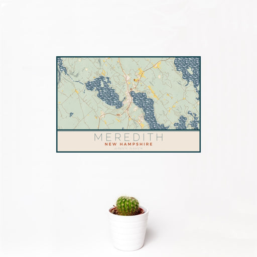 12x18 Meredith New Hampshire Map Print Landscape Orientation in Woodblock Style With Small Cactus Plant in White Planter