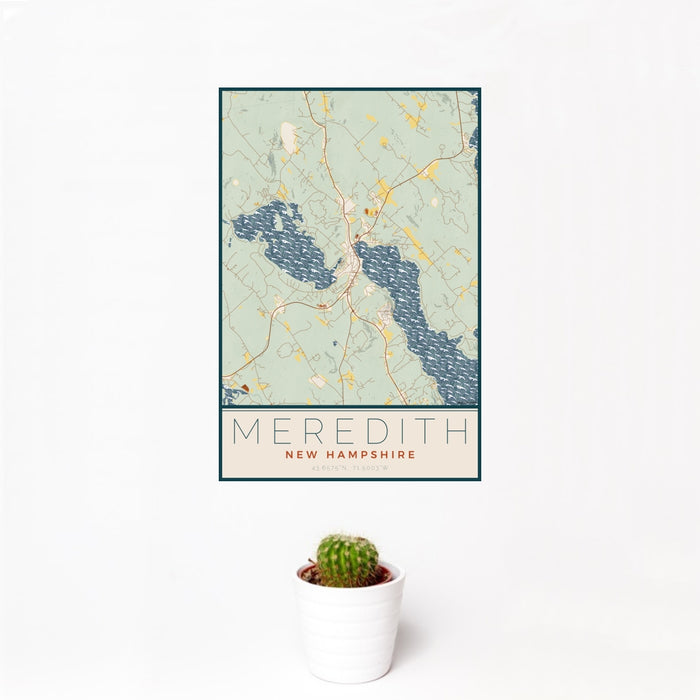 12x18 Meredith New Hampshire Map Print Portrait Orientation in Woodblock Style With Small Cactus Plant in White Planter
