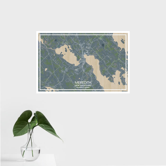 16x24 Meredith New Hampshire Map Print Landscape Orientation in Afternoon Style With Tropical Plant Leaves in Water
