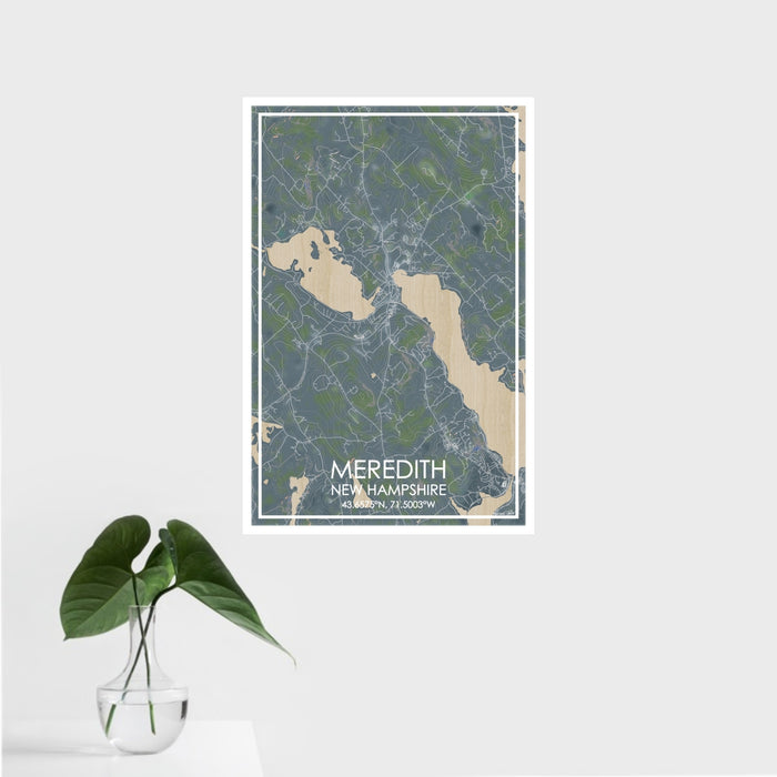 16x24 Meredith New Hampshire Map Print Portrait Orientation in Afternoon Style With Tropical Plant Leaves in Water