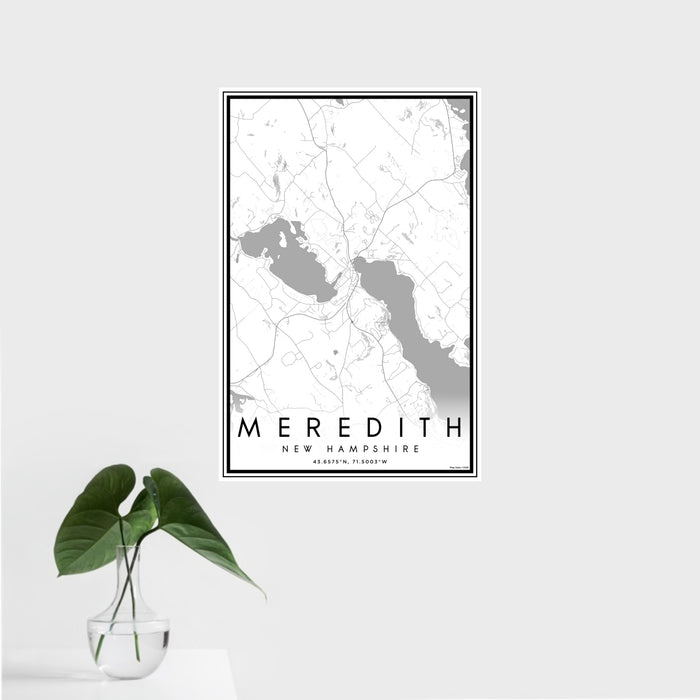 16x24 Meredith New Hampshire Map Print Portrait Orientation in Classic Style With Tropical Plant Leaves in Water