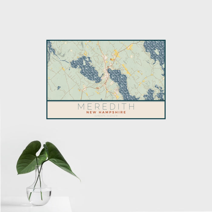 16x24 Meredith New Hampshire Map Print Landscape Orientation in Woodblock Style With Tropical Plant Leaves in Water