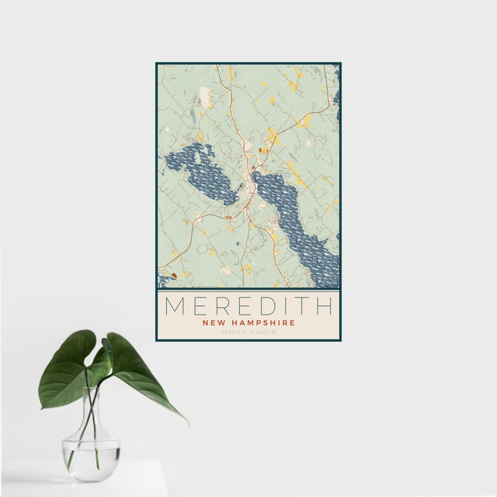 16x24 Meredith New Hampshire Map Print Portrait Orientation in Woodblock Style With Tropical Plant Leaves in Water
