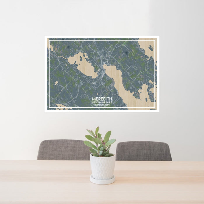 24x36 Meredith New Hampshire Map Print Lanscape Orientation in Afternoon Style Behind 2 Chairs Table and Potted Plant