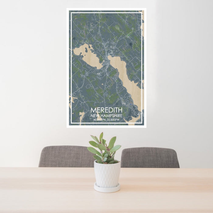 24x36 Meredith New Hampshire Map Print Portrait Orientation in Afternoon Style Behind 2 Chairs Table and Potted Plant