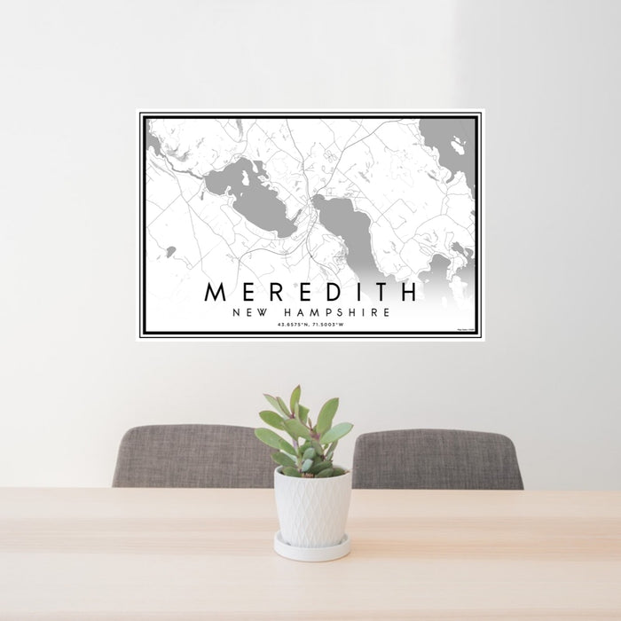 24x36 Meredith New Hampshire Map Print Lanscape Orientation in Classic Style Behind 2 Chairs Table and Potted Plant