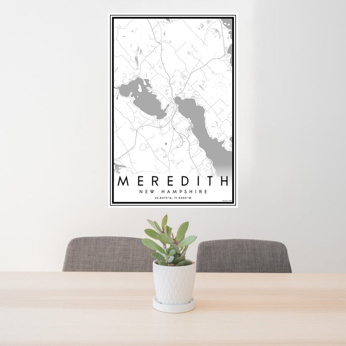 24x36 Meredith New Hampshire Map Print Portrait Orientation in Classic Style Behind 2 Chairs Table and Potted Plant