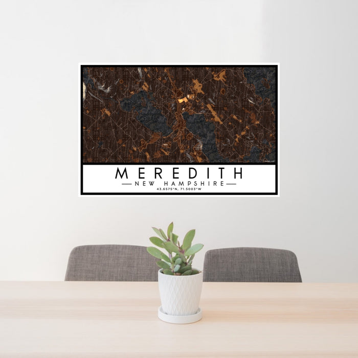 24x36 Meredith New Hampshire Map Print Lanscape Orientation in Ember Style Behind 2 Chairs Table and Potted Plant