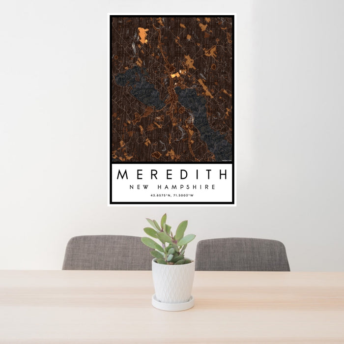 24x36 Meredith New Hampshire Map Print Portrait Orientation in Ember Style Behind 2 Chairs Table and Potted Plant