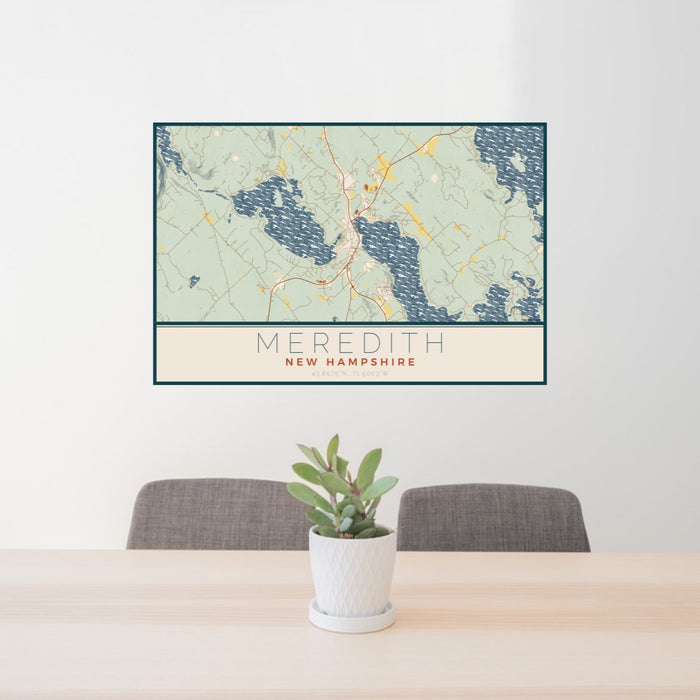 24x36 Meredith New Hampshire Map Print Lanscape Orientation in Woodblock Style Behind 2 Chairs Table and Potted Plant