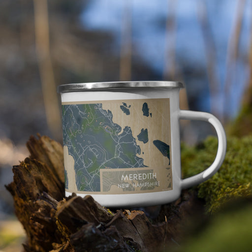 Right View Custom Meredith New Hampshire Map Enamel Mug in Afternoon on Grass With Trees in Background