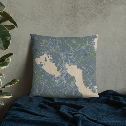 Custom Meredith New Hampshire Map Throw Pillow in Afternoon on Bedding Against Wall