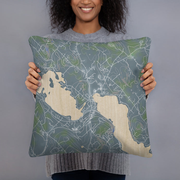 Person holding 18x18 Custom Meredith New Hampshire Map Throw Pillow in Afternoon