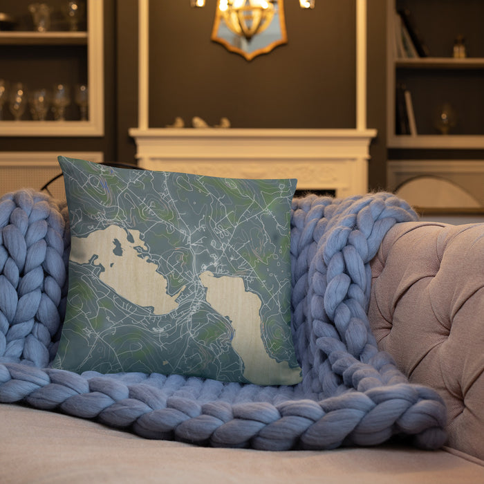 Custom Meredith New Hampshire Map Throw Pillow in Afternoon on Cream Colored Couch