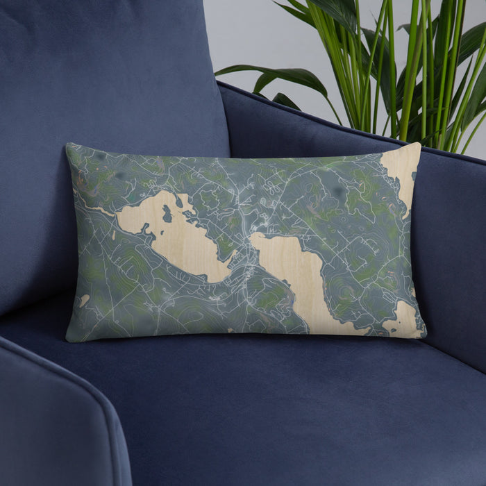 Custom Meredith New Hampshire Map Throw Pillow in Afternoon on Blue Colored Chair