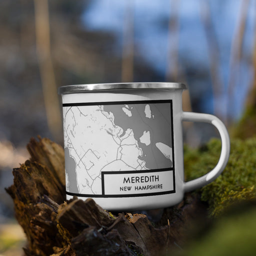 Right View Custom Meredith New Hampshire Map Enamel Mug in Classic on Grass With Trees in Background