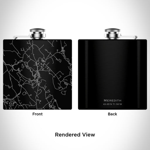 Rendered View of Meredith New Hampshire Map Engraving on 6oz Stainless Steel Flask in Black