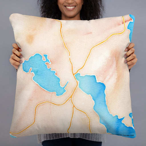 Person holding 22x22 Custom Meredith New Hampshire Map Throw Pillow in Watercolor