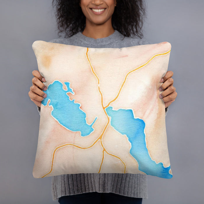 Person holding 18x18 Custom Meredith New Hampshire Map Throw Pillow in Watercolor