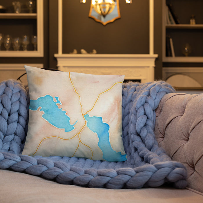 Custom Meredith New Hampshire Map Throw Pillow in Watercolor on Cream Colored Couch