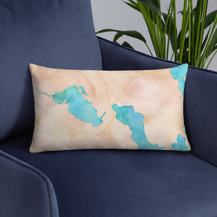 Custom Meredith New Hampshire Map Throw Pillow in Watercolor on Blue Colored Chair