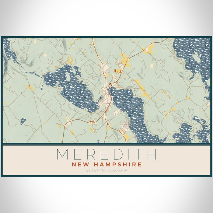 Meredith New Hampshire Map Print Landscape Orientation in Woodblock Style With Shaded Background