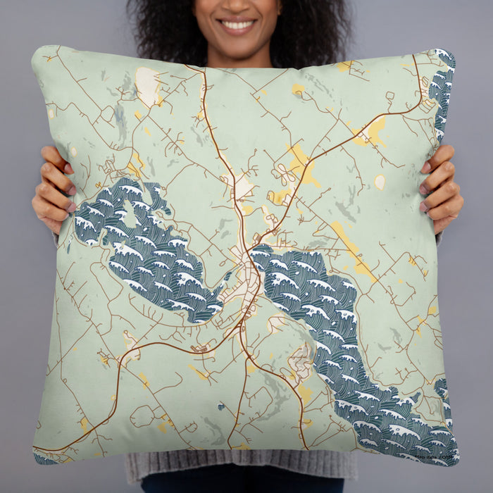 Person holding 22x22 Custom Meredith New Hampshire Map Throw Pillow in Woodblock