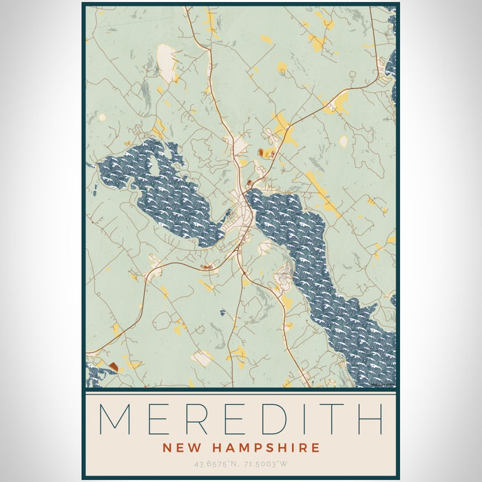 Meredith New Hampshire Map Print Portrait Orientation in Woodblock Style With Shaded Background