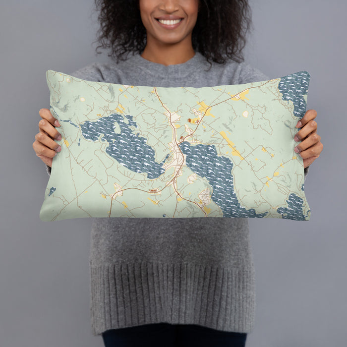 Person holding 20x12 Custom Meredith New Hampshire Map Throw Pillow in Woodblock