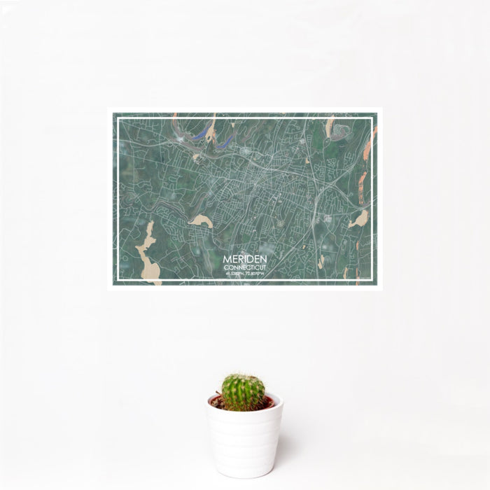 12x18 Meriden Connecticut Map Print Landscape Orientation in Afternoon Style With Small Cactus Plant in White Planter