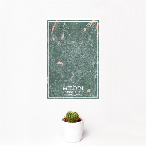12x18 Meriden Connecticut Map Print Portrait Orientation in Afternoon Style With Small Cactus Plant in White Planter