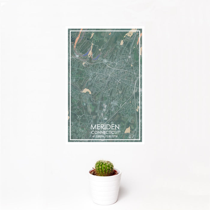 12x18 Meriden Connecticut Map Print Portrait Orientation in Afternoon Style With Small Cactus Plant in White Planter