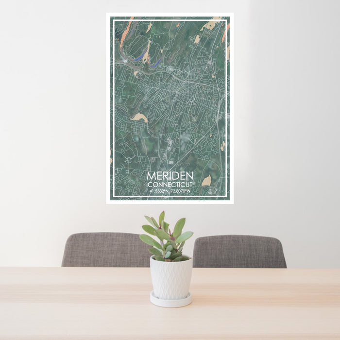 24x36 Meriden Connecticut Map Print Portrait Orientation in Afternoon Style Behind 2 Chairs Table and Potted Plant