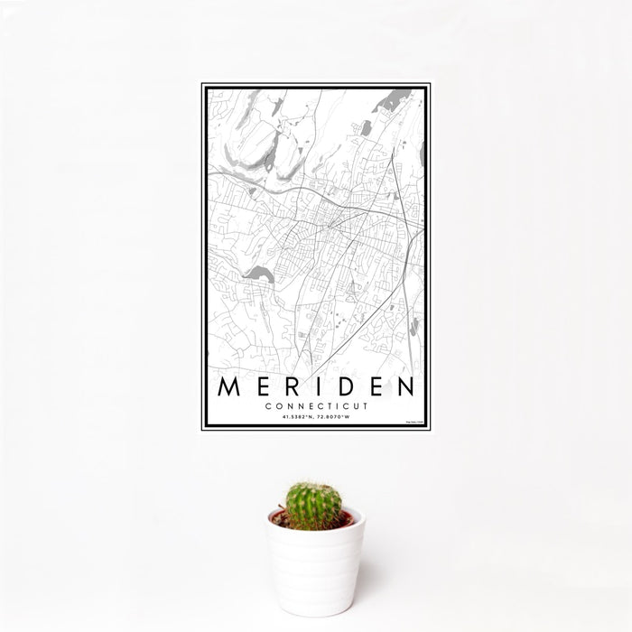 12x18 Meriden Connecticut Map Print Portrait Orientation in Classic Style With Small Cactus Plant in White Planter